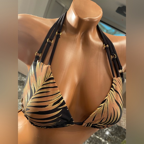 NWT beach bunny bikini gold foil palm print tri top X-LARGE top/L bottoms - Picture 7 of 10